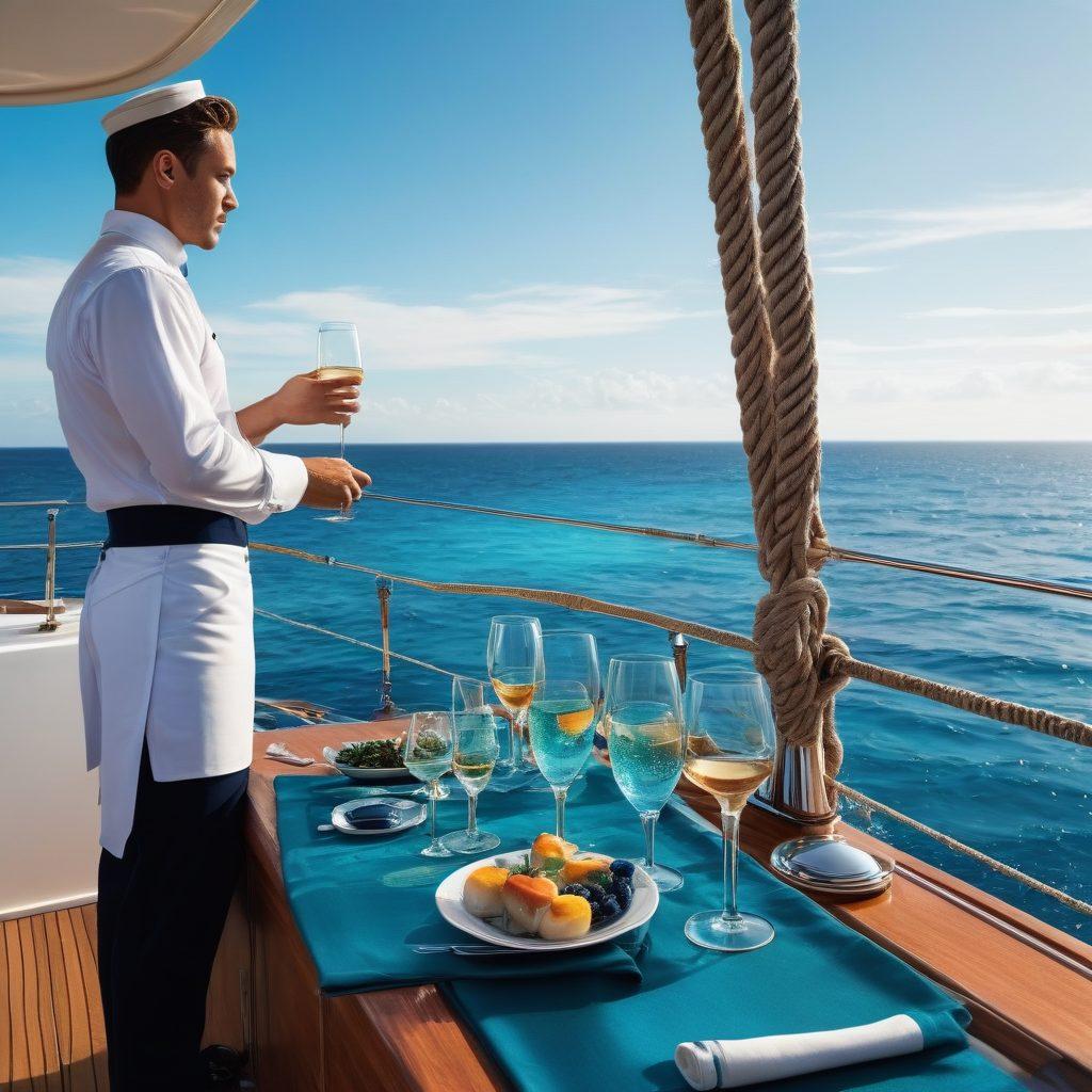 A scenic ocean background showcasing a gradient of deep blues and turquoise waters. In the foreground, a deckhand transitioning into a luxury hospitality role, symbolized by an elegant waiter serving drinks on a yacht. Include nautical elements like ropes and anchors alongside opulent touches like champagne glasses and fine dining setups. The scene captures the contrast between hard work at sea and glamorous career opportunities. vibrant colors. super-realistic.