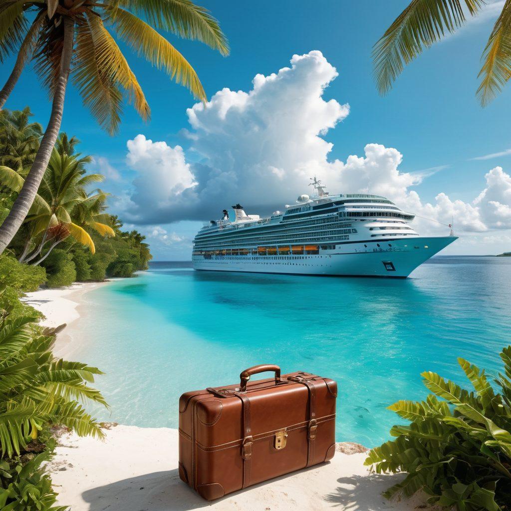 A vibrant scene depicting a luxury cruise ship sailing on crystal-clear turquoise waters, with happy passengers enjoying various activities on deck. In the background, tropical islands with lush greenery and white sandy beaches enhance the scene. Include elements symbolizing career success, like a compass and a briefcase positioned thoughtfully in the foreground. Bright sunlight filtering through fluffy clouds adds a sense of optimism. super-realistic. vibrant colors. 3D.