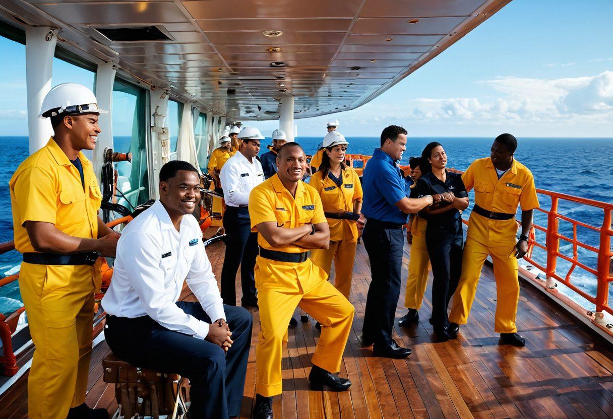 A vibrant scene showcasing diverse ship crew members engaged in various activities on a large ship's deck against a stunning ocean backdrop. Include a cheerful atmosphere with crew members of different ethnicities working together, showcasing roles like captain, engineer, and hospitality staff. Add elements like ropes, wheels, and ocean waves to evoke a sense of adventure and teamwork. super-realistic. vibrant colors. dynamic composition.
